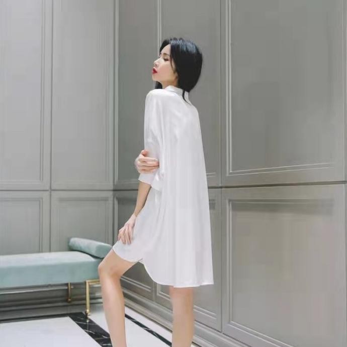 Piyama baju tidur putih kemeja Dress panjang sexy bahan Chiffon H32S