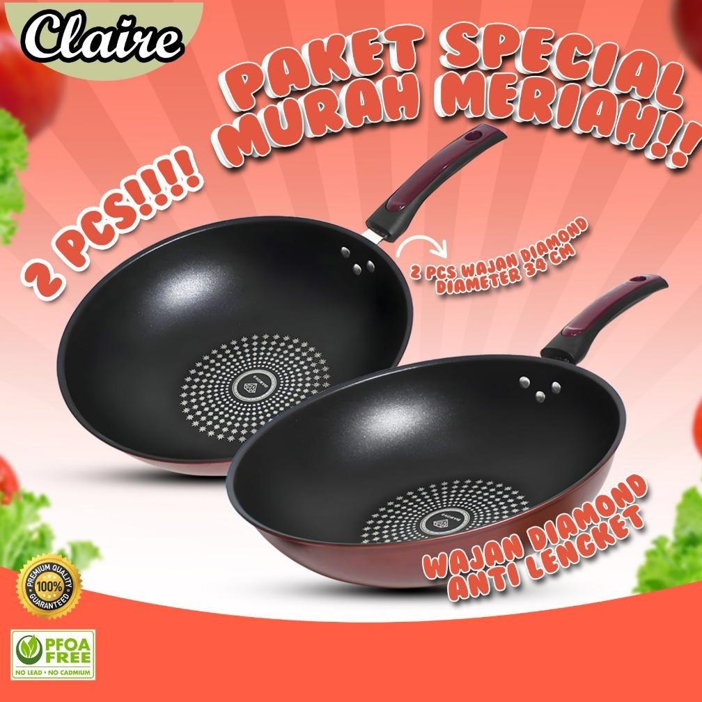 (PROMO) Claire Paket 2 Pcs Wajan Penggorengan Anti Lengket Ukuran Diameter 34cm / Wajan Gagang Jumbo