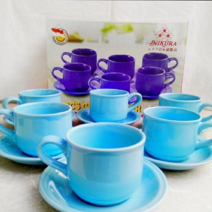 Cangkir Keramik Set Nikura 12 Pcs / Gelas Kopi Teh Kaca + Piring Tatak