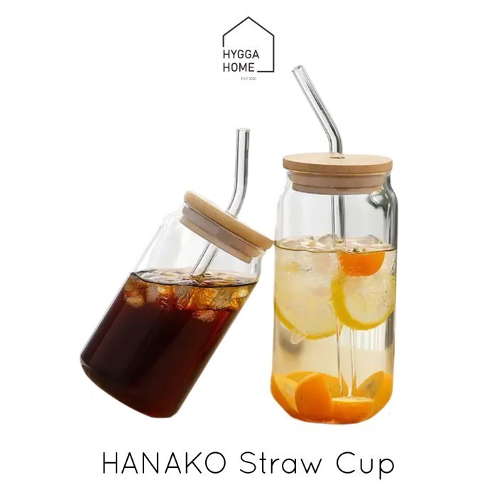 Hanako Straw Cup Gelas Minum Sedotan Kaca Tutup Bambu Tumbler Estetik