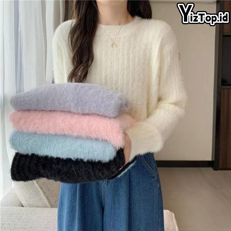 Sweater Halus Wanita Yiztop - Baju Sweater Bulu Wanita Korea Lengan Panjang Sweater Crop Top Wanita