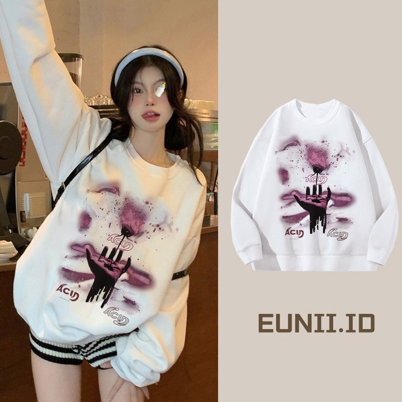 Sweater Halus Wanita EUNII Sweater Putih Memegang Mawar Sweater Lengan panjang Model Versi