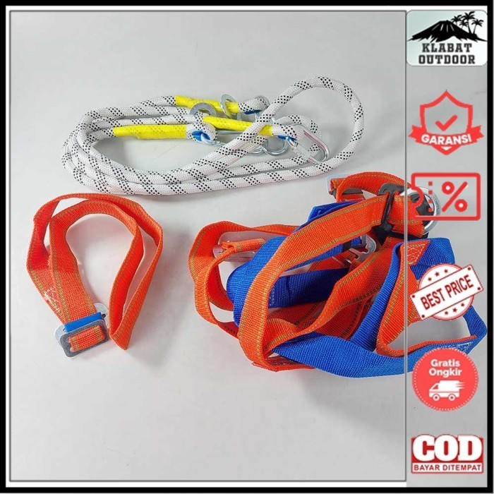 SET TALI HARNESS DOUBLE HOOK FULL BODY KONSTRUKSI FLYING FOX
