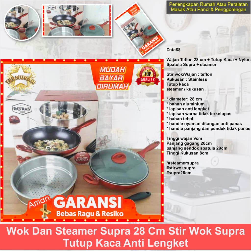 wok dan steamer supra 28 cm stir wok supra tutup kaca anti lengket