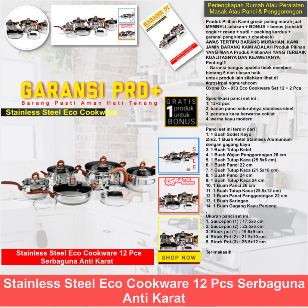 Stainless Steel Eco Cookware 12 Pcs Serbaguna Anti Karat