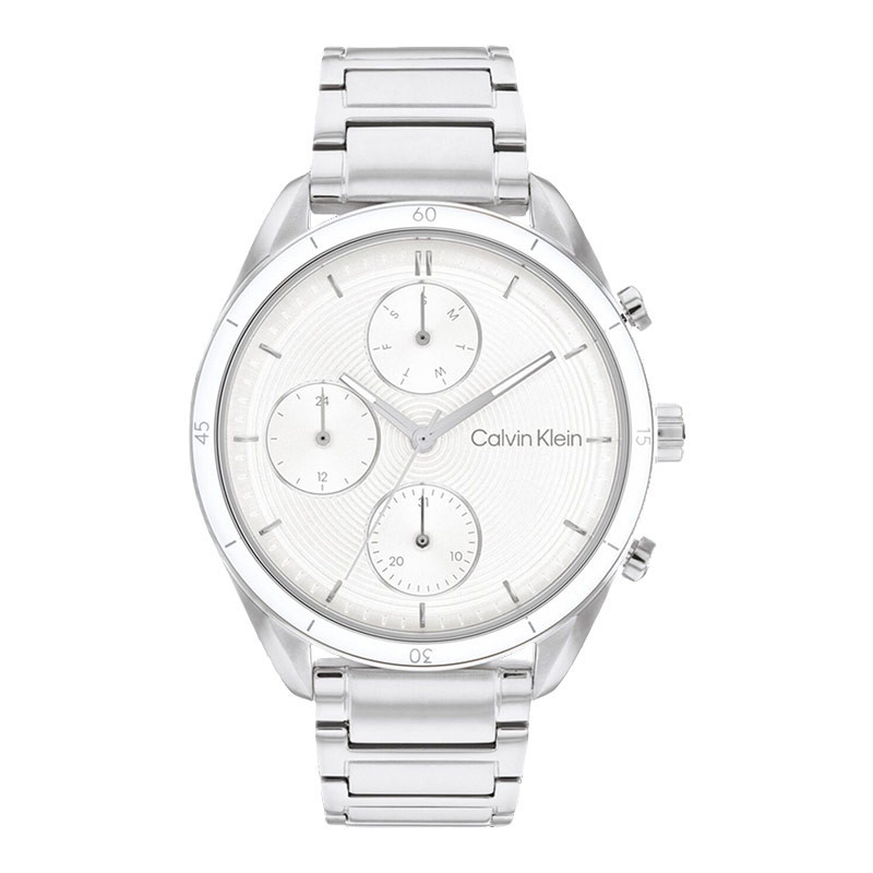 [PRJ] Jam Tangan Wanita Calvin Klein Multifunction 25200171 Ladies White Dial Stainless Steel Strap