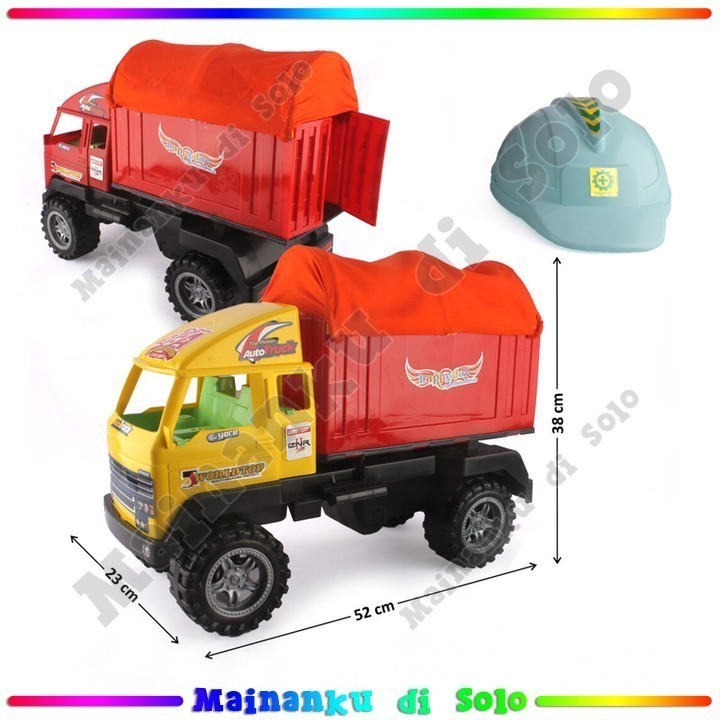 [Mainanku] Mainan Kendaraan Truk Box Terpal Roda Hitam 52 cm Dan Helm Mainan Anak