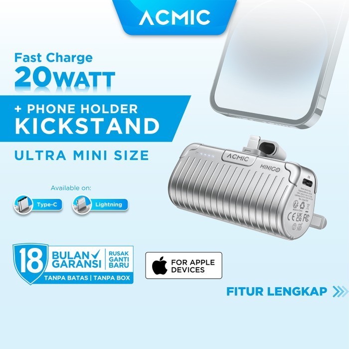 ACMIC MINIGO Mini PowerBank + Phone Holder USB Type C PD Fast Charging Space Silver