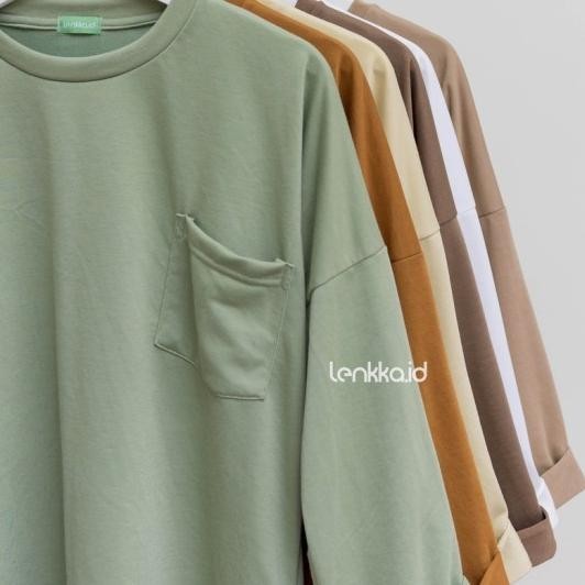 Kaos Polos Wanita Lengan Panjang Baju Oversized 1 Saku Samping