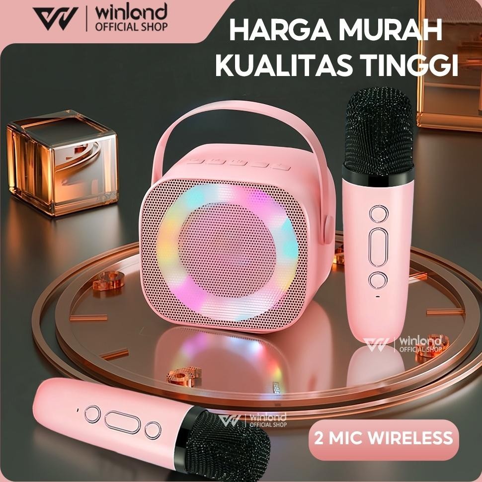CR - {} Winland Speaker Bluetooth Karaoke 2 MIC 1 SET Portable Mini Speaker Bluetooth Bass Wireless 