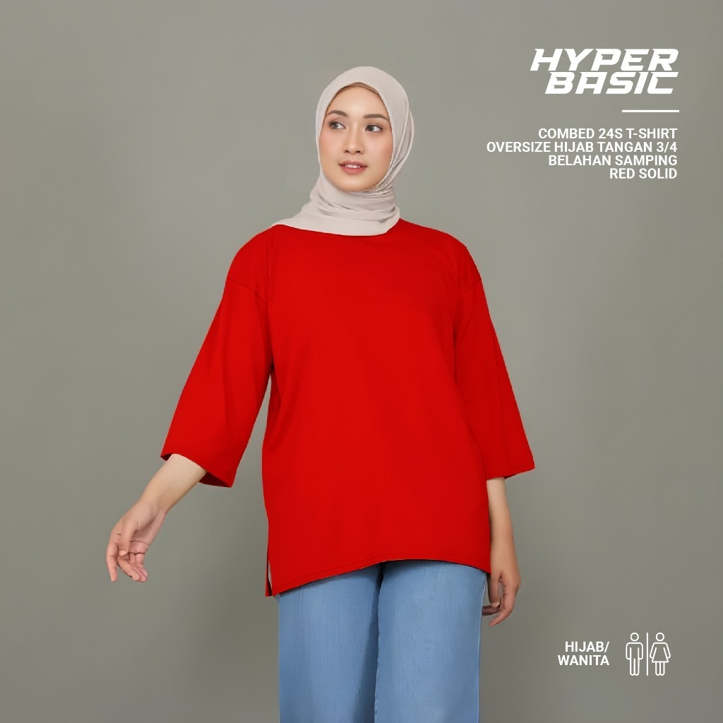 Baju Kaos Polos Oversize Hijab Wanita Warna Merah Cabe Tangan 3/4 Cotton Combed 24s M-XXL // PRODUK