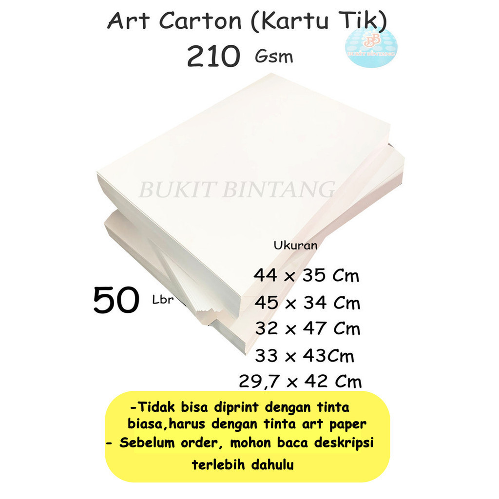 

Art Carton ( Kartu Tik ) 210 Gsm Uk 44 x 35 Cm,45 x 34 Cm,45 x 35 Cm ,32 x 47 Cm , 33 x 43 Cm , 29,7 x 42 Cm , Isi 50 Lembar