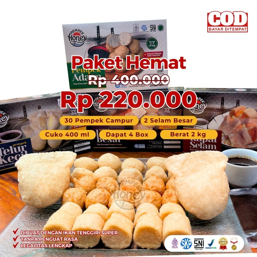 

PEMPEK HONEY PAKET HEMAT. 2,2 KG. UNTUK 8 -12 ORANG. IKAN TENGGIRI SUPER, TANPA PENGUAT RASA,HALAL