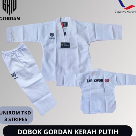 OIU DOBOK GORDAN 3 STRIPES / SERAGAM TAEKWONDO KERAH PUTIH / DOBOK KERAH PUTIH / KERAH PUTIH TERLARI