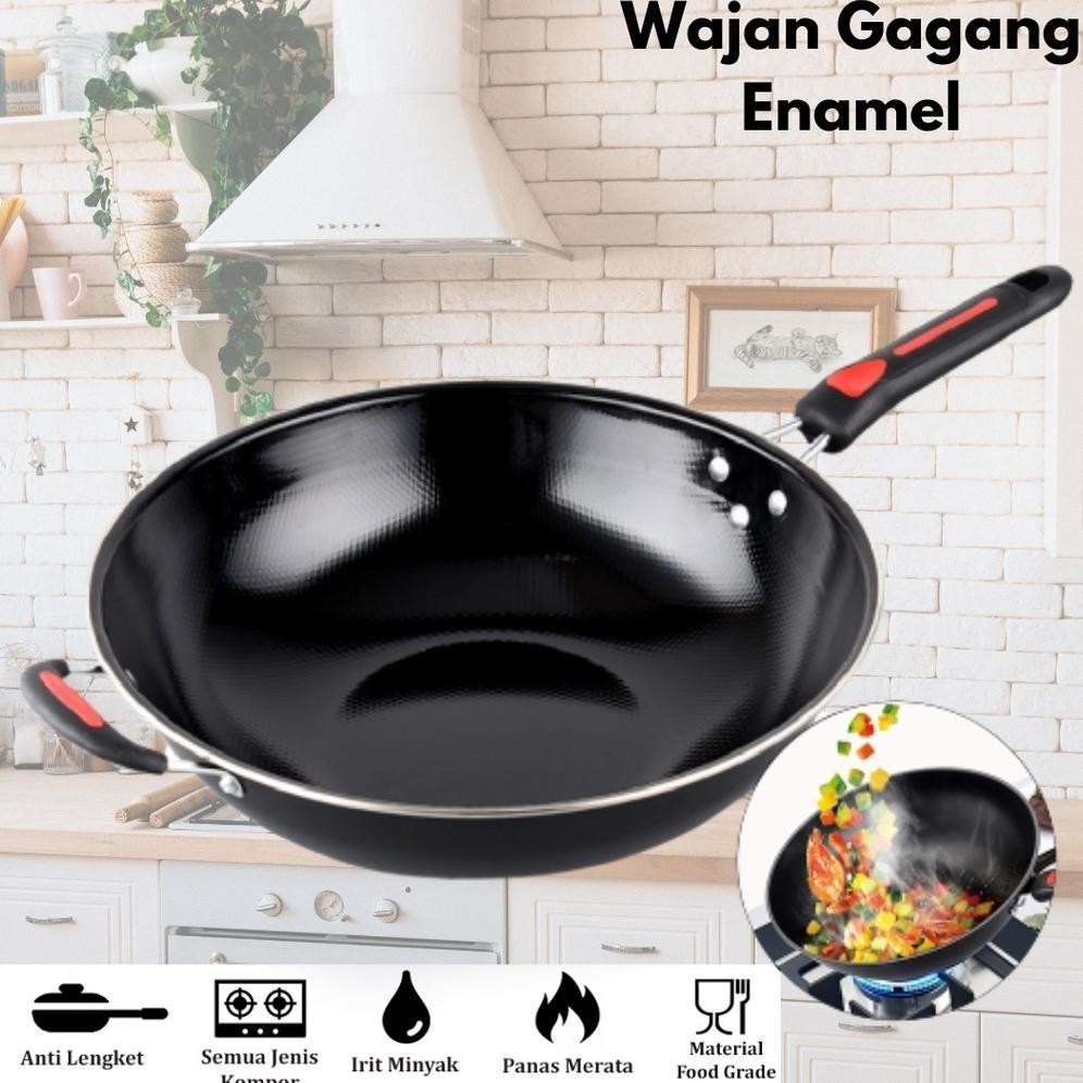 stok Wajan enamel KUPING 32cm dengan gagang - Wajan Penggorengan / Wajan anti lengket enamel  Wajan 