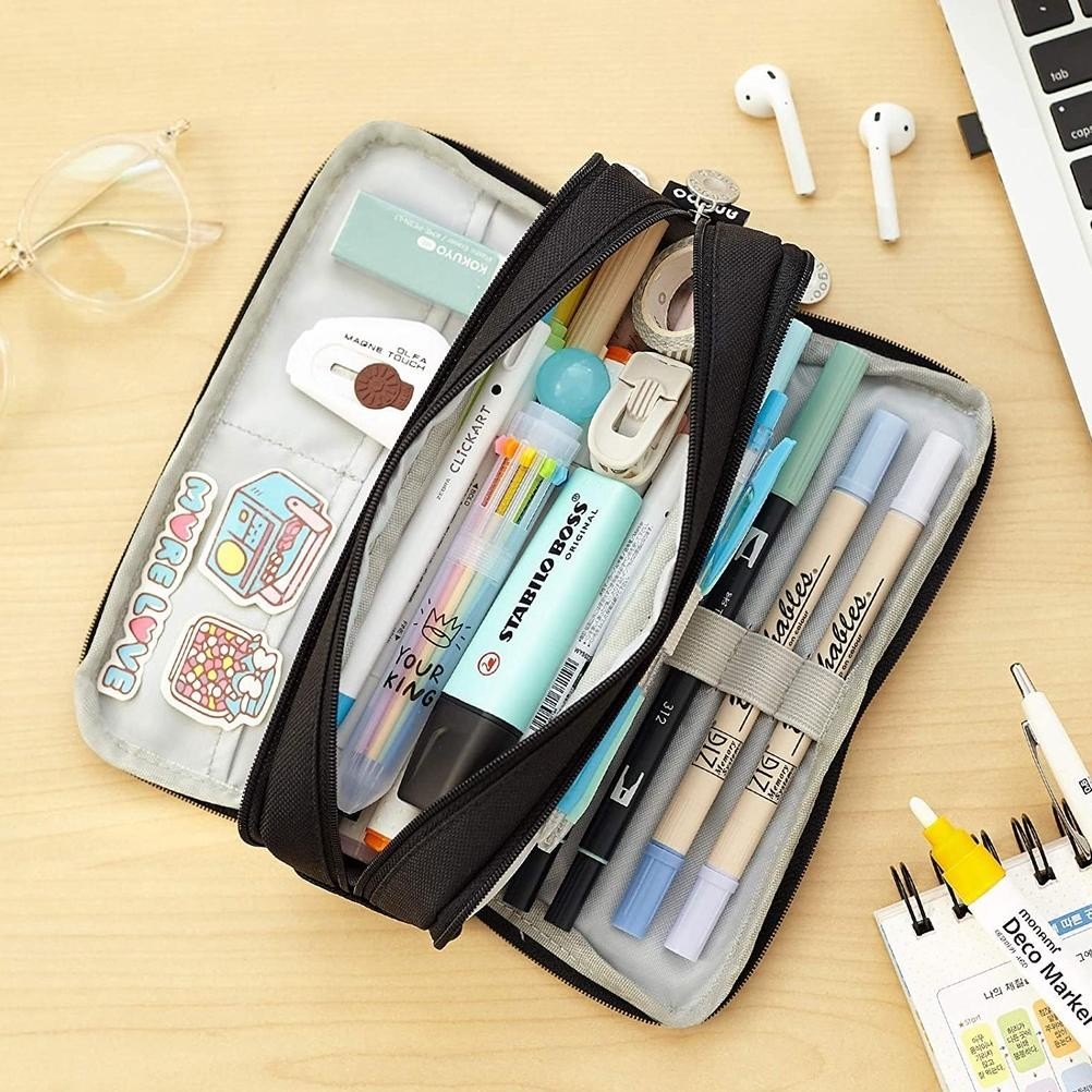 

2Er-54 Angoo Kawaii Large Capacity Pencil Case 3 Compartment Pouch Pen Bag Double Side Opening Student Stationery Organizer School Supplies Promo