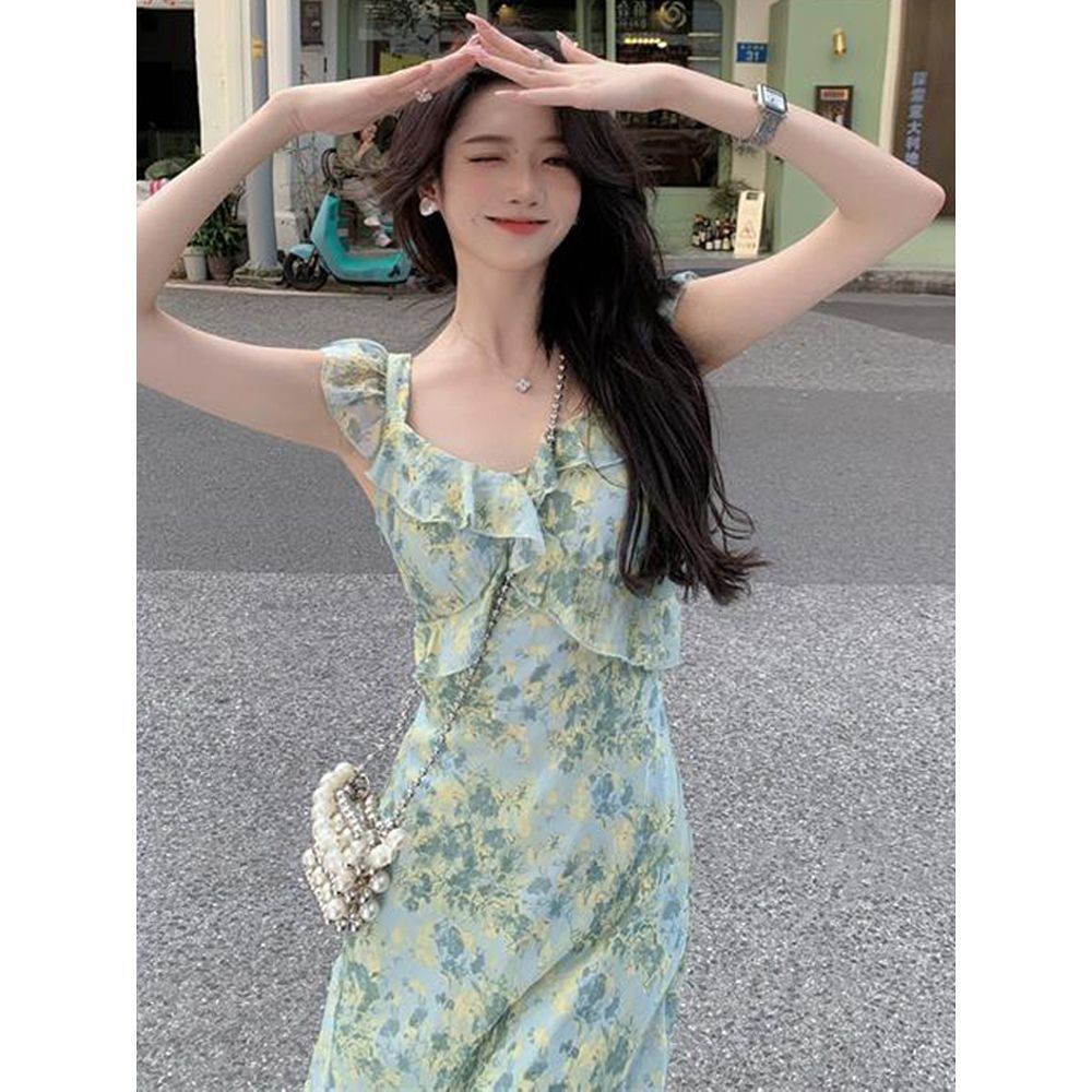 <Crunchy brulee>  Dress rok bunga hijau wanita rok panjang pelangsing pinggang 2024