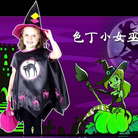 Kostum Witch Black Cat Cosplay Halloween Anak Perempuan Set Topi