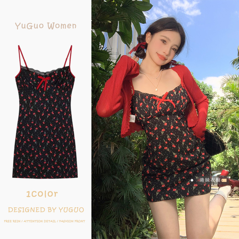 <Crunchy brulee> dress Gaun Suspender Bunga Desain Pita Modis Gaun Suspender Temperamen Ramping Modi