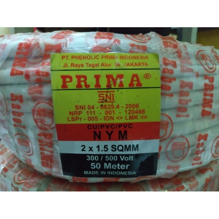Kabel Listrik Merk Prima Nym 2X1.5 / 2X1,5 Per Roll / @ Roll