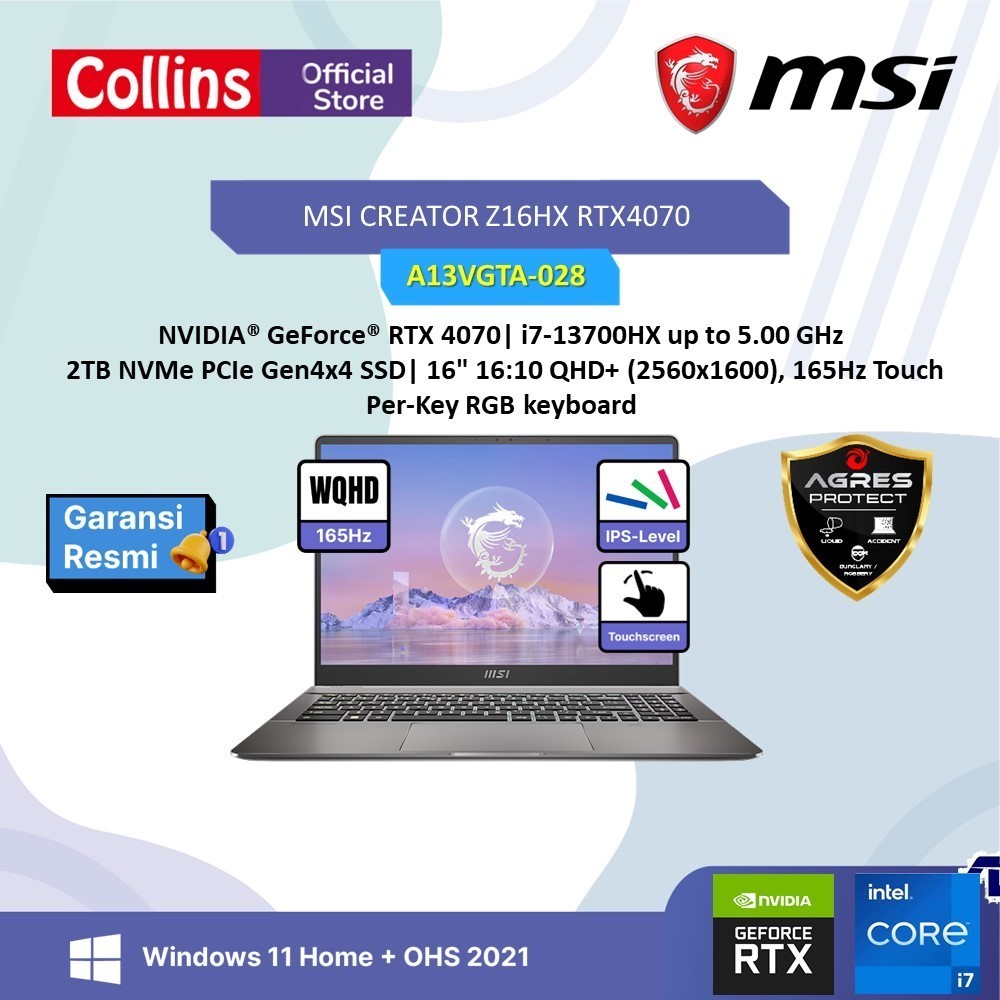 MSI CREATOR Z16HX STUDIO TOUCH I7 13700HX RTX4070 8GB 32GB 2TB W11 OHS 16.0 165HZ  BLIT PEN GRY