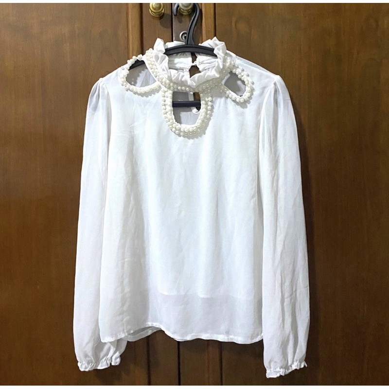 blouse atasan wanita putih permata pearl / casual formal look