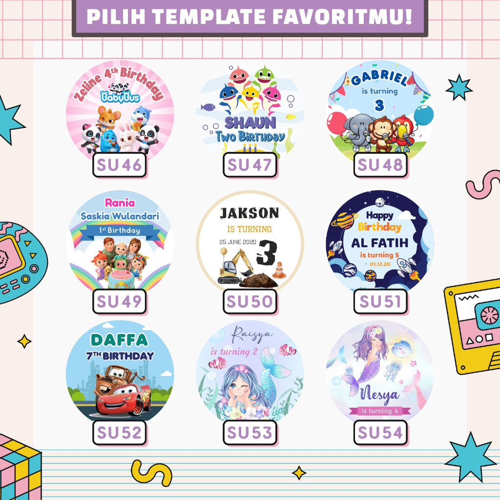 

Cetak Stiker Vinyl Anti Air Transparan Souvenir Ulang Tahun Anak Custom Label Snack Print Sticker