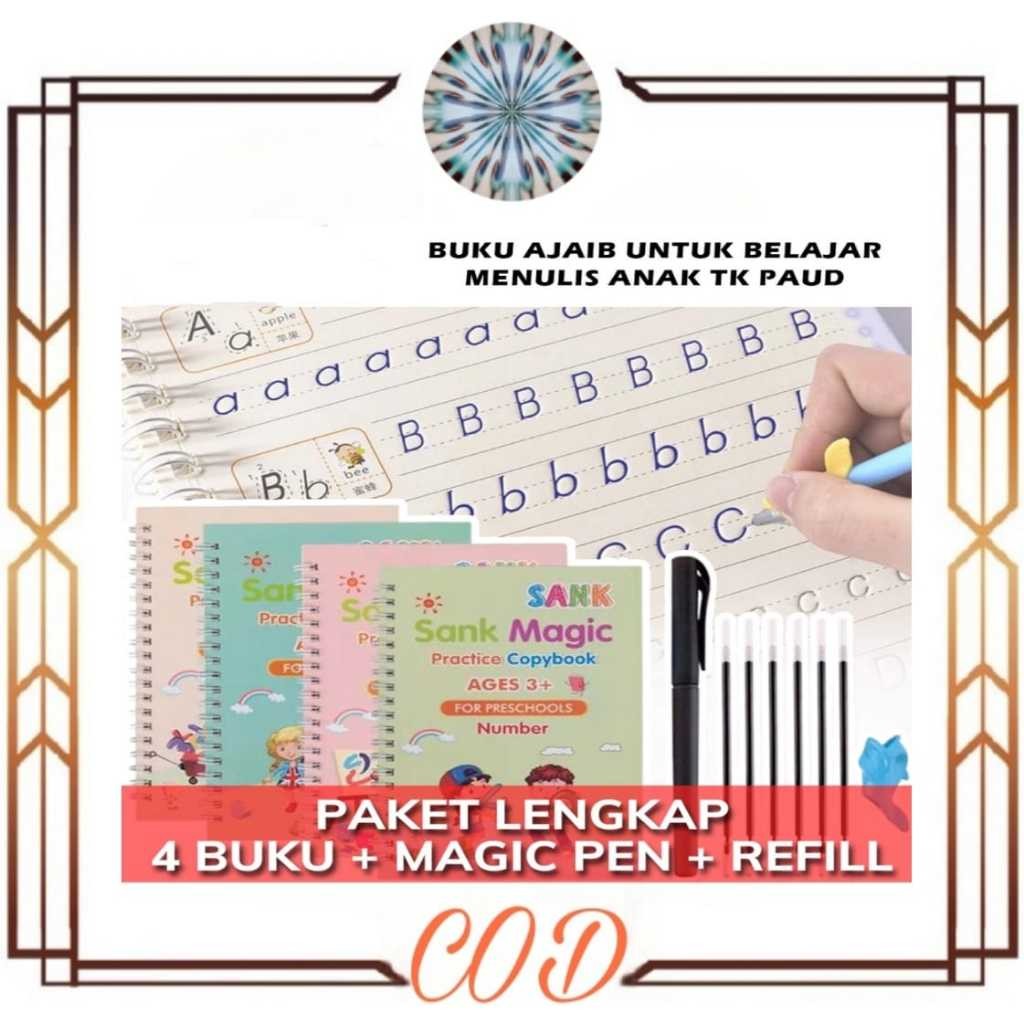 

(COD) Sank Magic 3D Buku Edukasi Anak Belajar Menulis Untuk TK Angka & Huruf /1 set isi 4 buku + pen