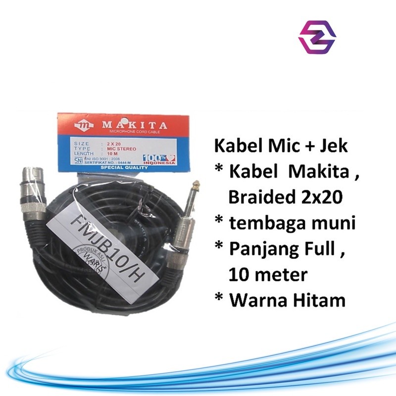 Kabel mic Makita Braider plus jack 10 M warna hitam