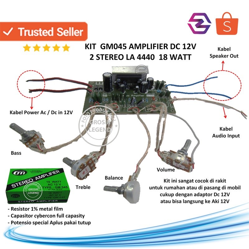 Kit amplifier DC 12V 2 stereo LA 4440 18W GM 045
