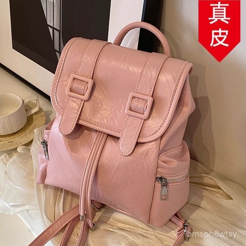 Hong Kong Tas Punggung Kulit untuk Wanita, Tas Ransel Bepergian Kapasitas Besar Modis Cocok untuk Se
