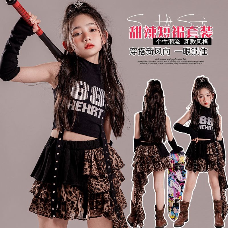 Baju Dansa Anak Perempuan, Baju Mini Trendi, Pakaian Anak, Baju Hip-Hop, Motif Macan Tutul, Dansa, T