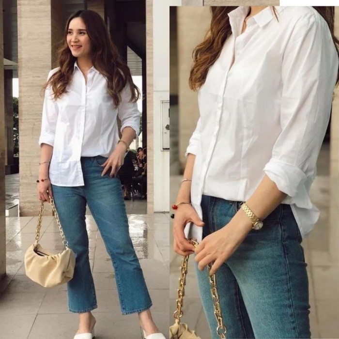 BERKUALITAS S. Oliver White Plain Blouse Kemeja Wanita Lengan Panjang Polos Putih