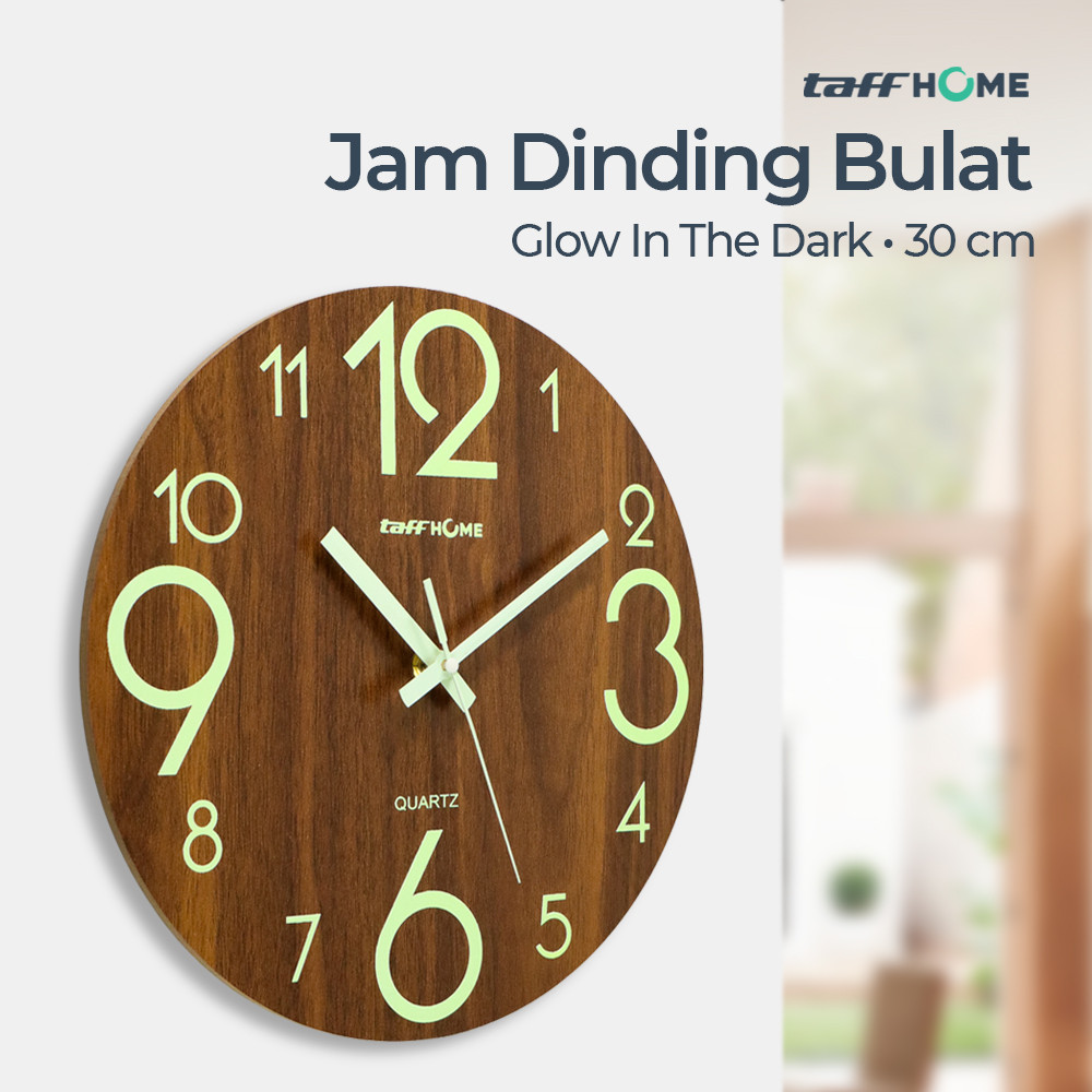 TaffHOME Jam Dinding Bulat Quartz Luminous Glow in The Dark 30cm / Jam Dinding Minimalis / Jam Dindi