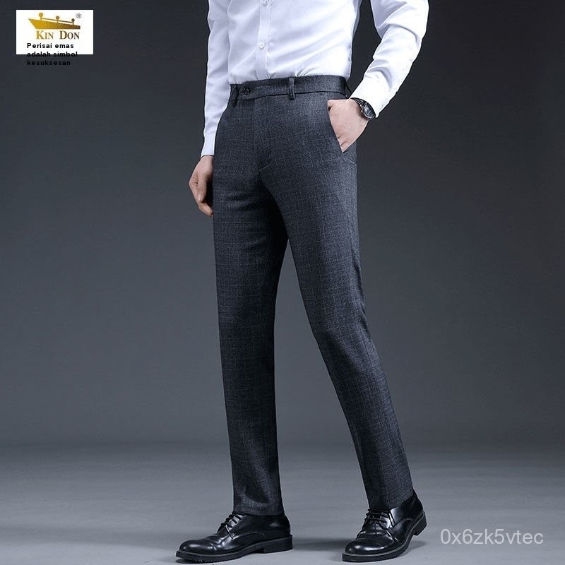 Celana Panjang Kasual Bisnis Korea Pria, Celana Panjang Lurus Slim Fit Kotak-kotak