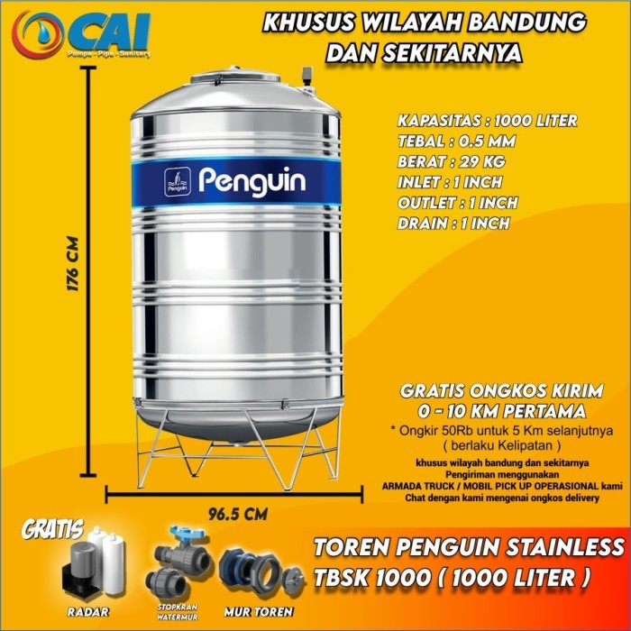 ] TOREN TANGKI AIR - PENGUIN - TBSK1000 - 1000 LITER - STAINLESS