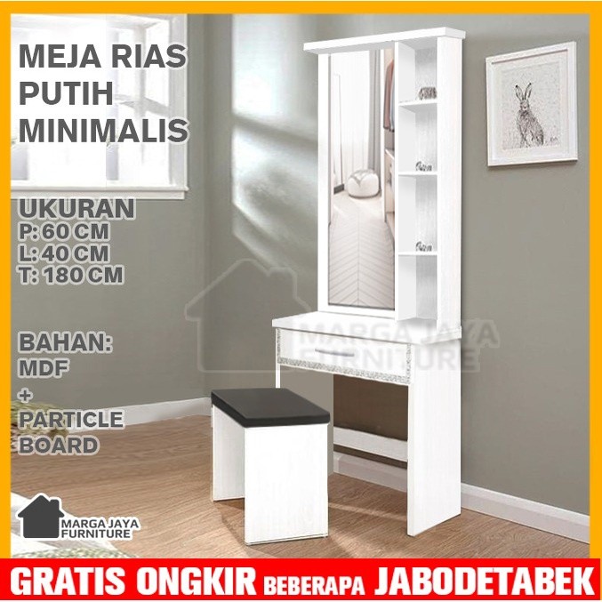 Meja Rias Putih Rak Kosmetik Makeup Dandan Kaca laci Cermin Minimalis 60 cm