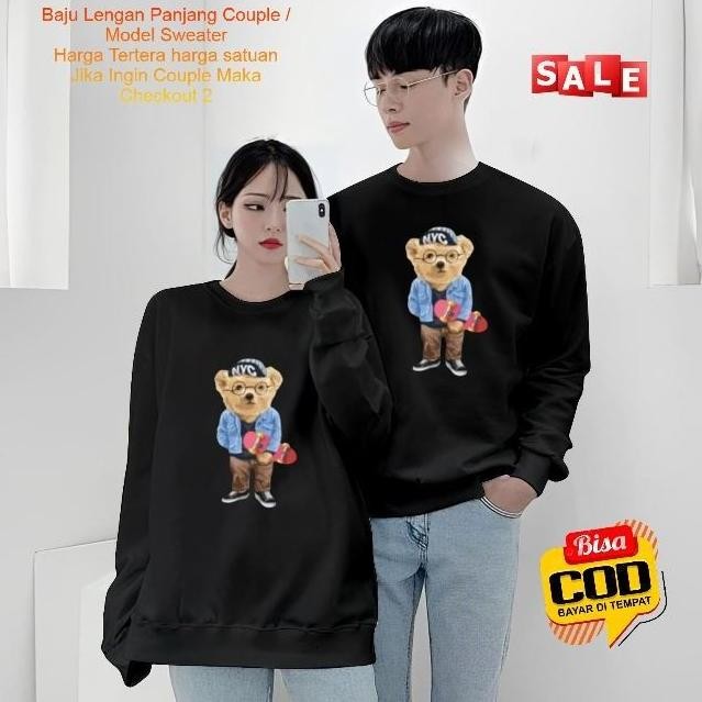 Kaos Couple Pasangan Bear Nyc / Baju Lengan Panjang Pria Wanita Bahan Baby Terry Premium / Kaos Kape