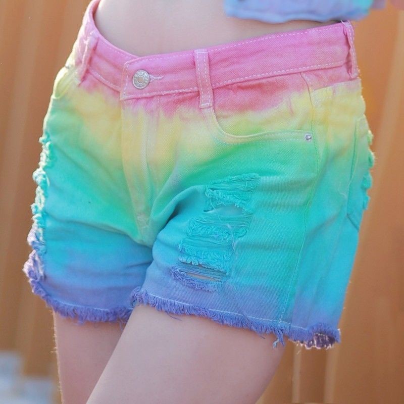 Celana Pendek Denim Wanita, Celana Pendek Denim Warna Sobek Kaki Lebar Longgar Ukuran Besar