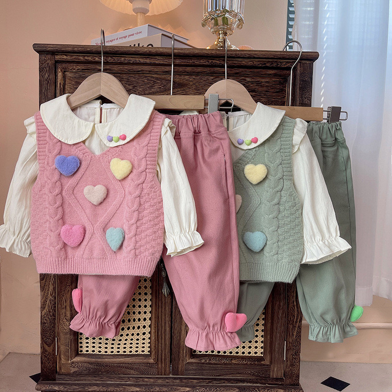 Mantel Sweter Anak Perempuan Musim Gugur, Setelan Tiga Potong Sweater Musim Gugur, Rompi Pakaian Mus