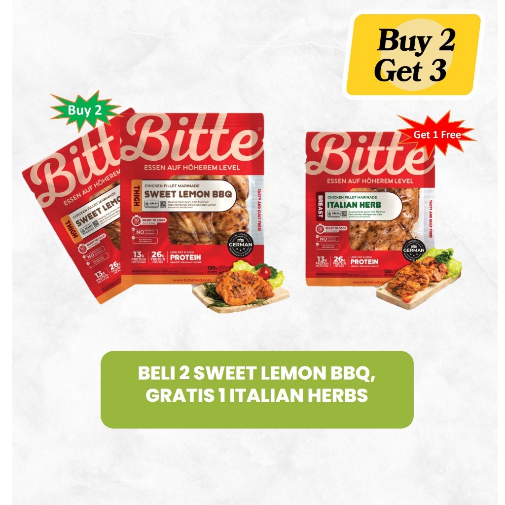 

Beli 2 Bitte Healthy Chicken Fillet Marinade Sweet Lemon BBQ Thight Gratis 1 Italian Herb Breast 120 gram