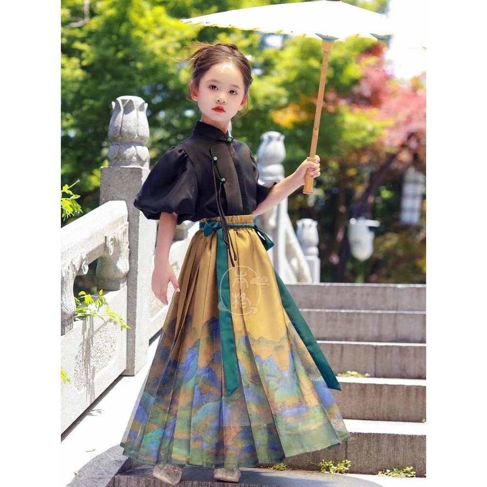 Hanfu Setelan Gaya Kuno Anak Perempuan, Rok Wajah Kuda Hanfu Ditingkatkan Gaya China