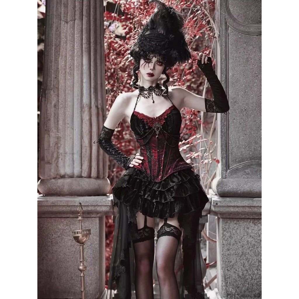 Gothic Style Velvet Fishbone Waist Suspender Skirt