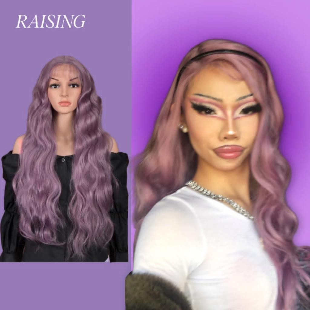 Wig Renda Sintetis RAISING untuk Wanita Kulit Hitam Wig Gelombang Tubuh Panjang Wig Cosplay Ungu Mer