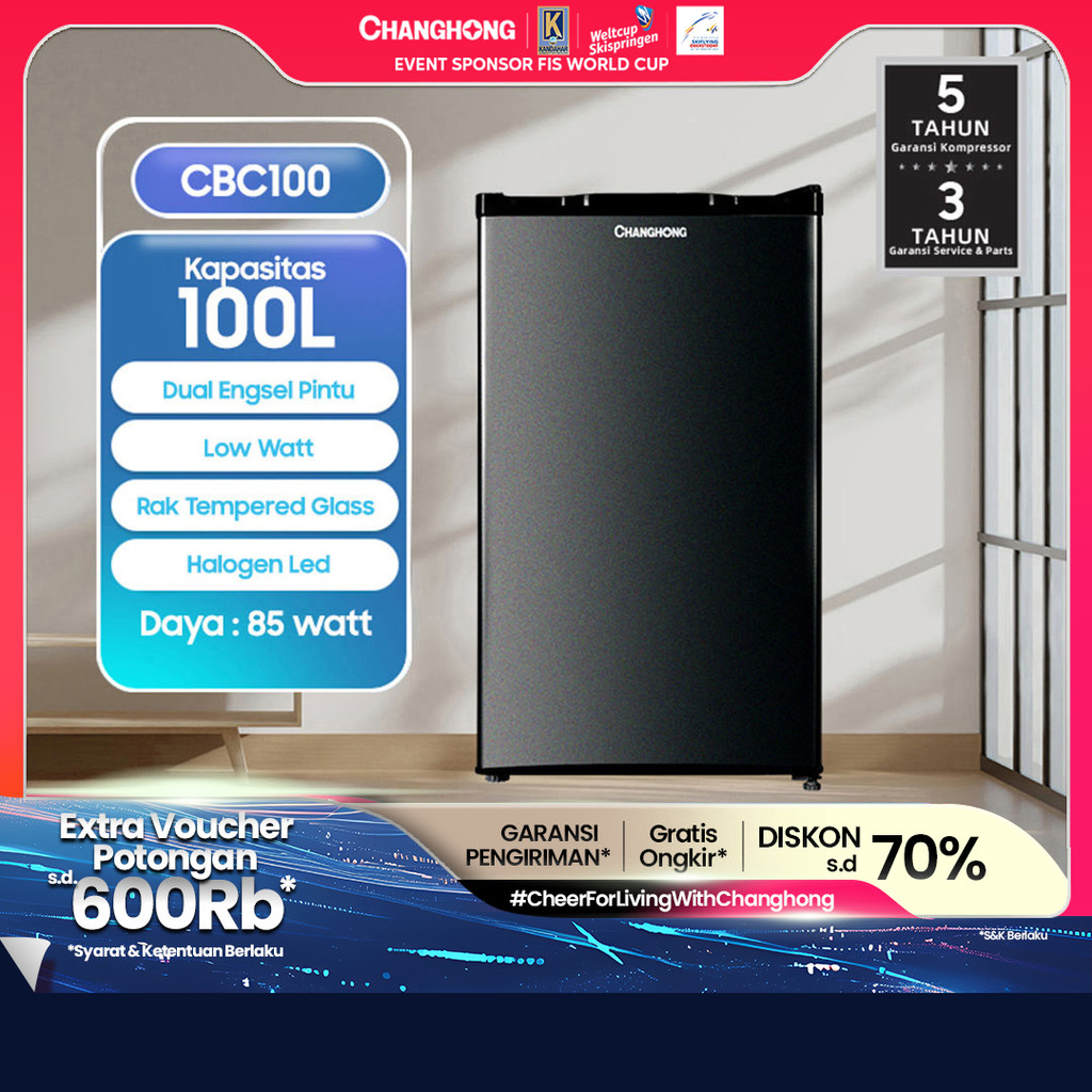 Changhong Kulkas 1 pintu (Refrigerator) Lemari Es Kapasitas 100 Liter – Black CBC 100 (Semi Auto-Def