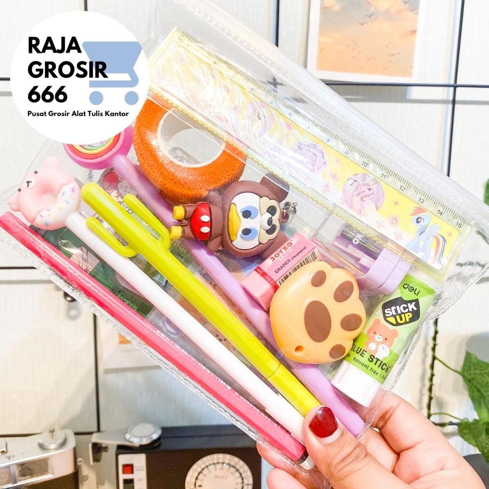 

COD Pouch Set alat tulis sticker pensil gantungan kunci pulpen pena pensil penggaris sekolah sticky notes penjepit sticker cutter mini finger protector m-4