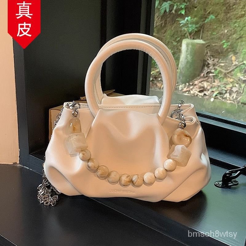 Tas Tangan Kulit Asli Wanita, Tas Selempang Rantai Mutiara Fashion Canggih Musim Panas