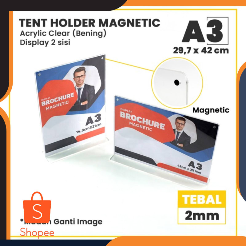 

Promo Magnetic Tent Holder I Tempat Brosur I Tent Card Akrilik Display A3 - Potrait Keren