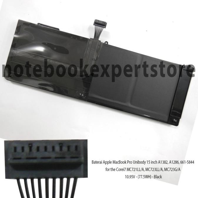 Baterai Apple Macbook Pro Unibody 15 Inch A1382, A1286, 661-5844 Black