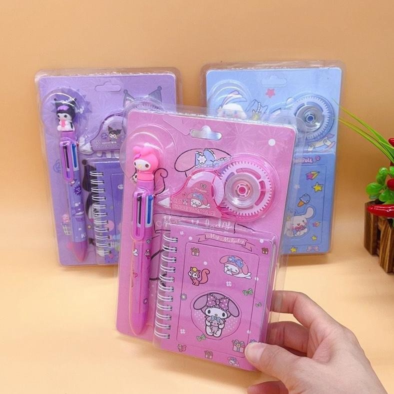 

sa-324 Set Perlengkapan Alat Tulis Karakter Sanrio Pulpen + Correction Tape + Notebook Mini Kuromi Cinnamoroll My Melody Original
